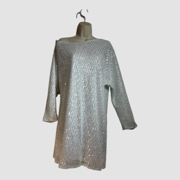 None Dresses & Skirts - All Glitter and Glam Sexy White With Silver Sequins Mini Dress Long Sleeve XL